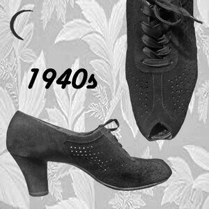 Vintage Black Suede Shoes, 40s 1940s Oxfords, Cuban Heels & Original Receipt VFG